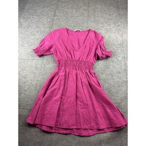 Zara Dress Linen Blend Short Sleeve Smocked Waist Tiered Ruffle Hem Pink Women M